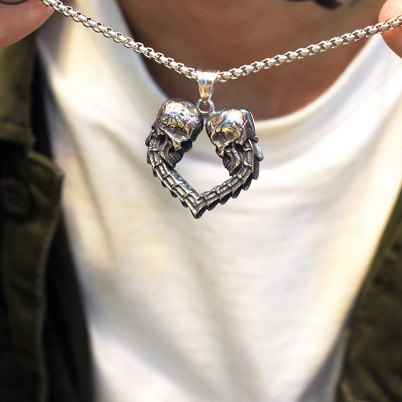 Double Skull Heart Necklace