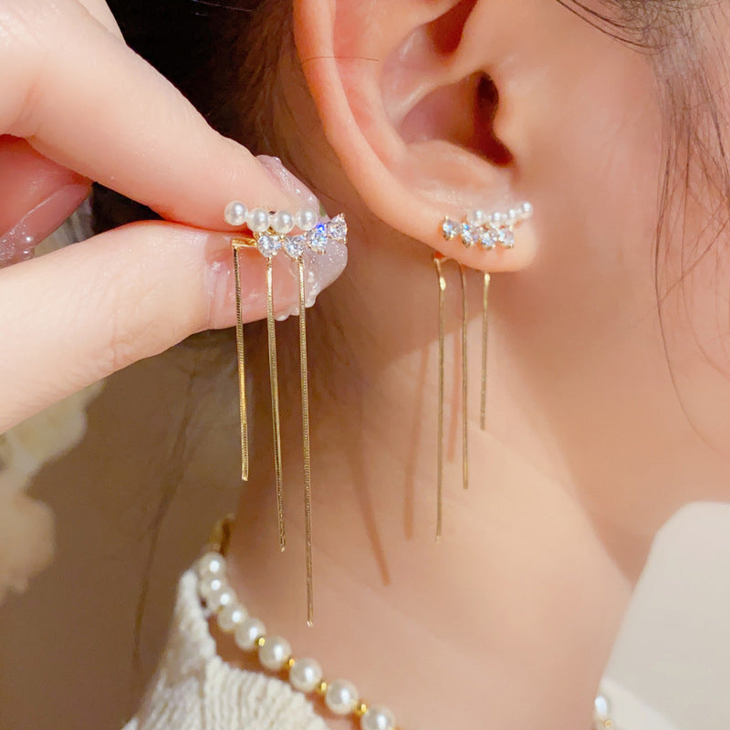 Simple Peral Curved Two-way Tassel Stud Earring