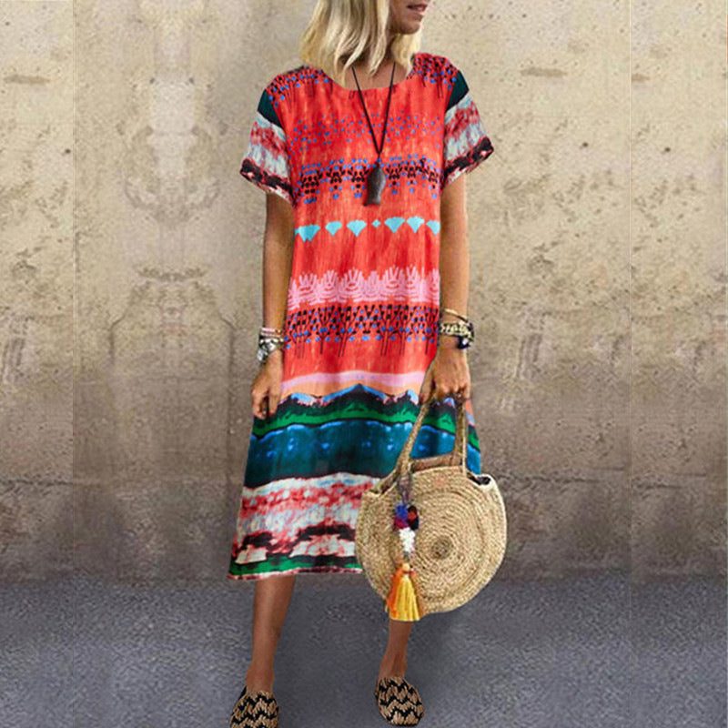 Vintage Ethnic Print Round Neck Dress