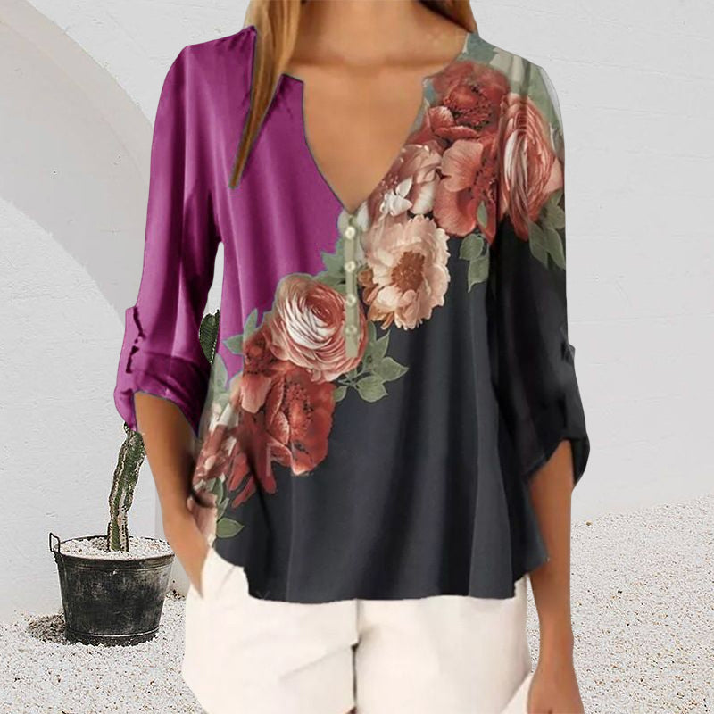 V-neck Printed Chiffon Shirt