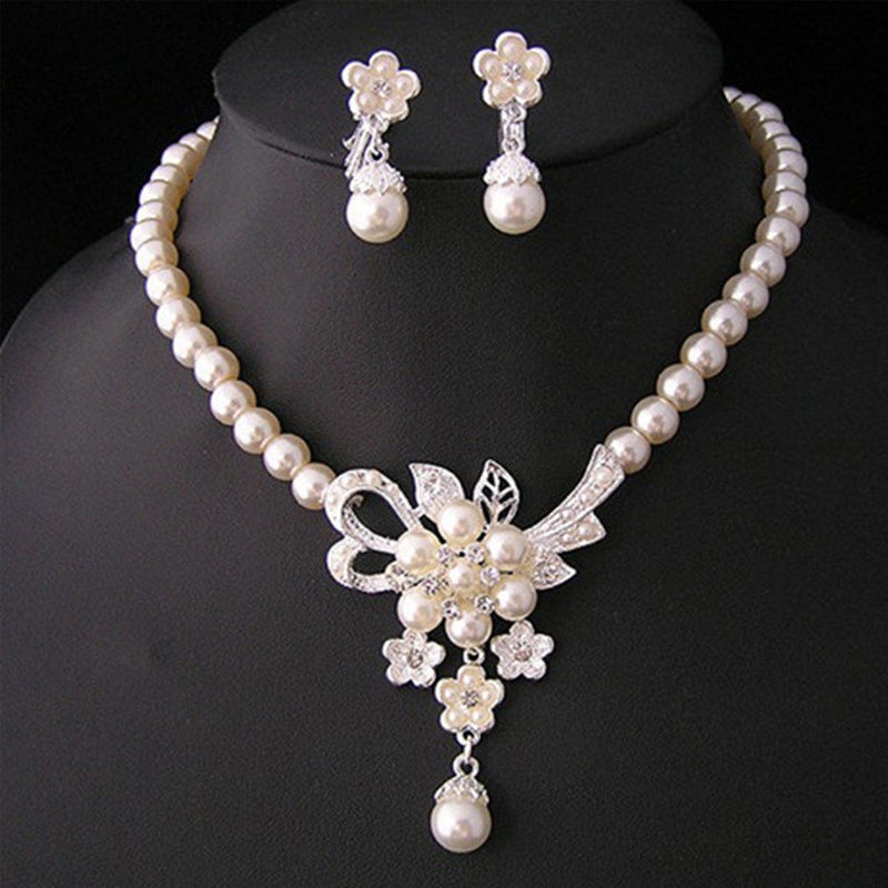 Crystal Diamond Pearl Necklace and Earring Set