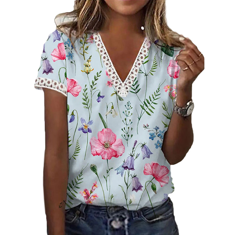Floral Print Lace Patchwork Blouse
