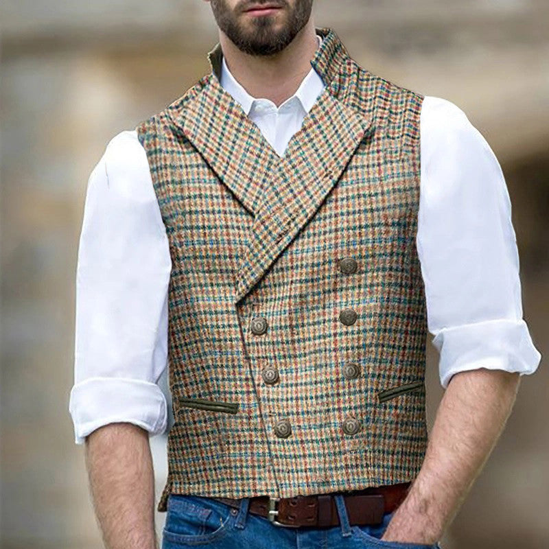 Check Double-Breasted Suit Collar Slim Cargo Vest