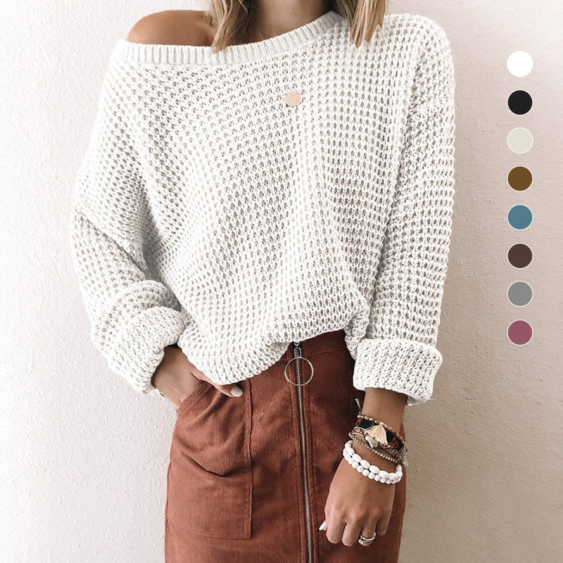 Ladies Solid Color Loose Diagonal Collar Long Sleeve Sweater
