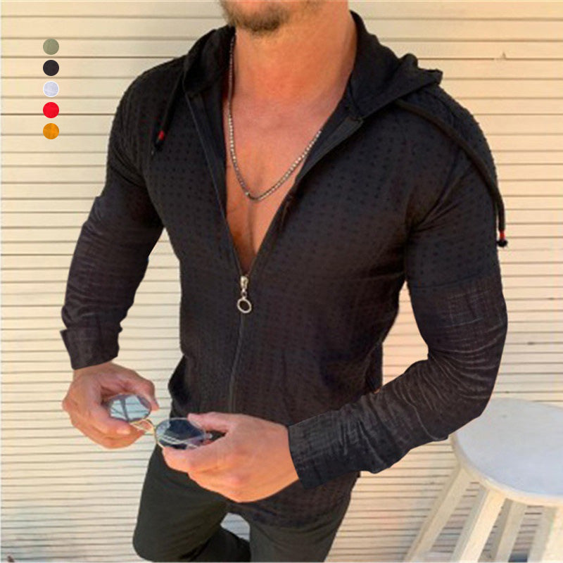 Casual Long-sleeved Shirt Hooded Fitting Cardigan Zipped Cardigan Shirt