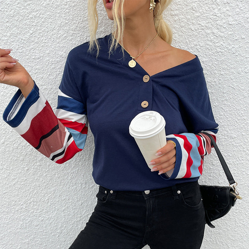 V-Neck Striped Sleeve Top