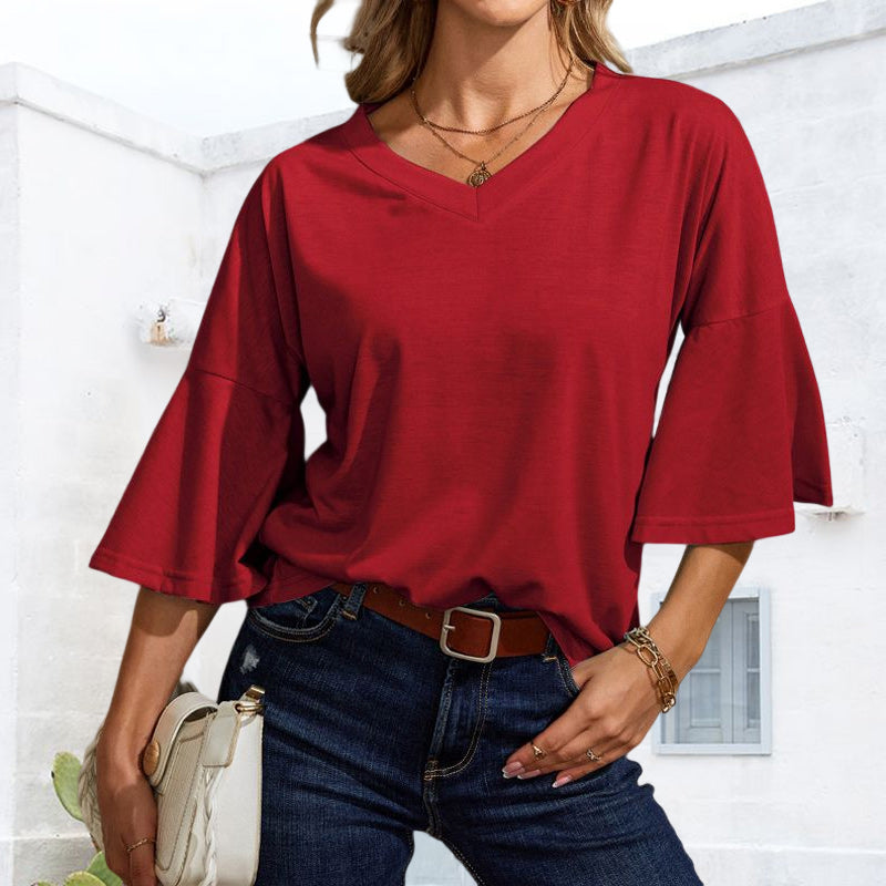 Plain V-neck flared T-shirt