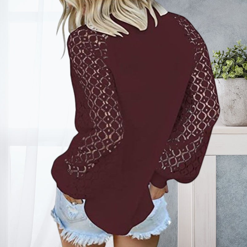 Round Neck Long Sleeve Lace Panel Loose T-Shirt