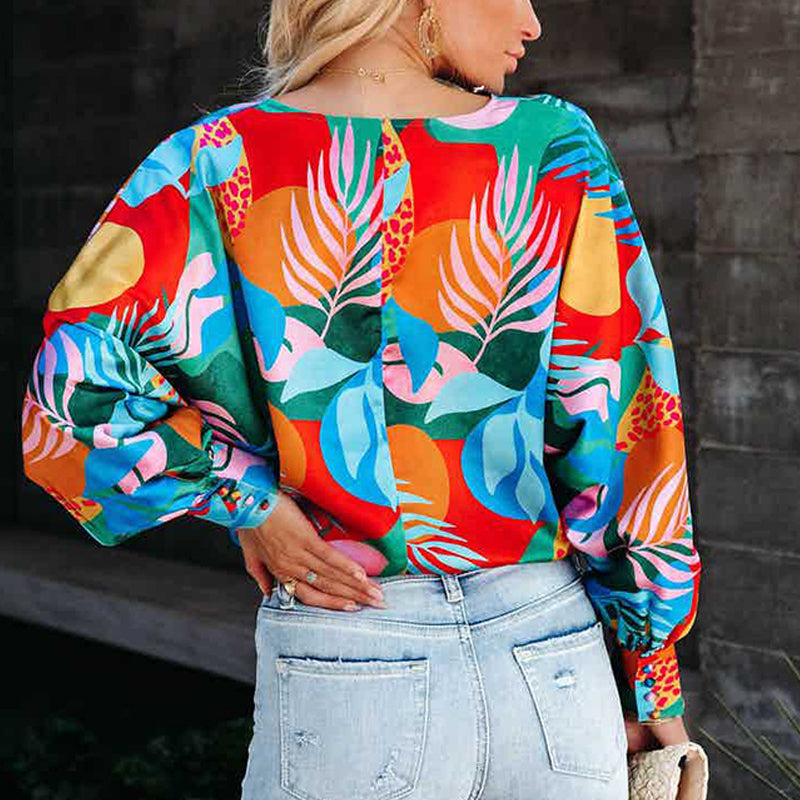 Printed V-Neck Long Sleeve Loose Casual Shirt