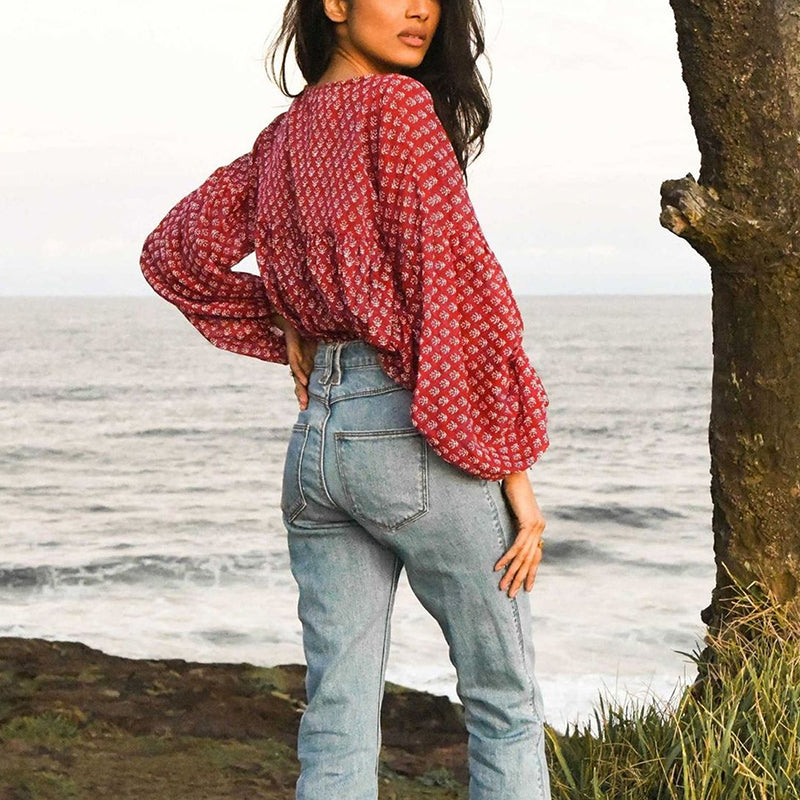 Lantern Long Sleeve Floral Chiffon Shirt