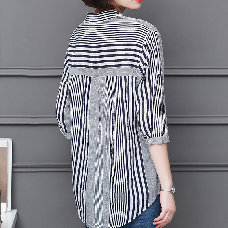 Stripe Print Stand Collar 3/4 Sleeves Blouse
