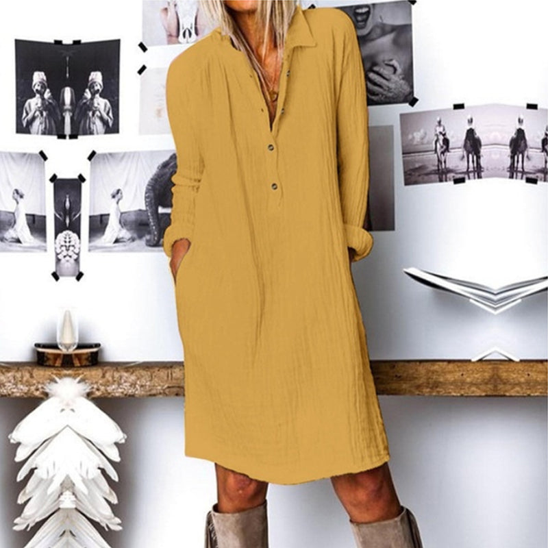 Solid Color Lapel Long Sleeve Dress