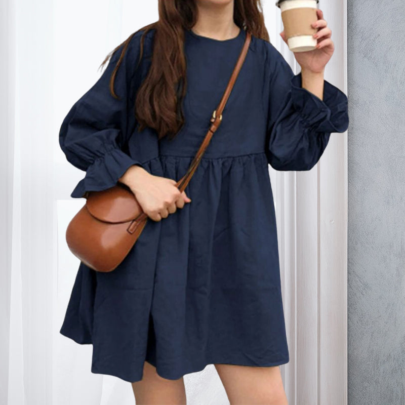 Long Sleeve Pleated Mini Cotton Linen Dress