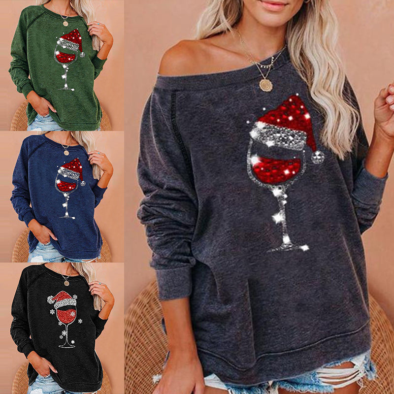 Christmas Wine Glass Print Sweatshirt