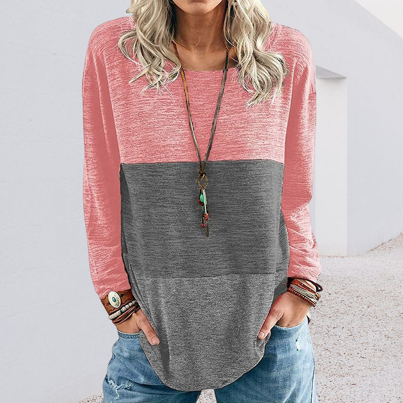 Round Neck Pullover Contrast Long Sleeve T-Shirt