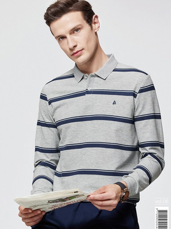 Men's Striped Long Sleeve Lapel Commuting Polo Shirt