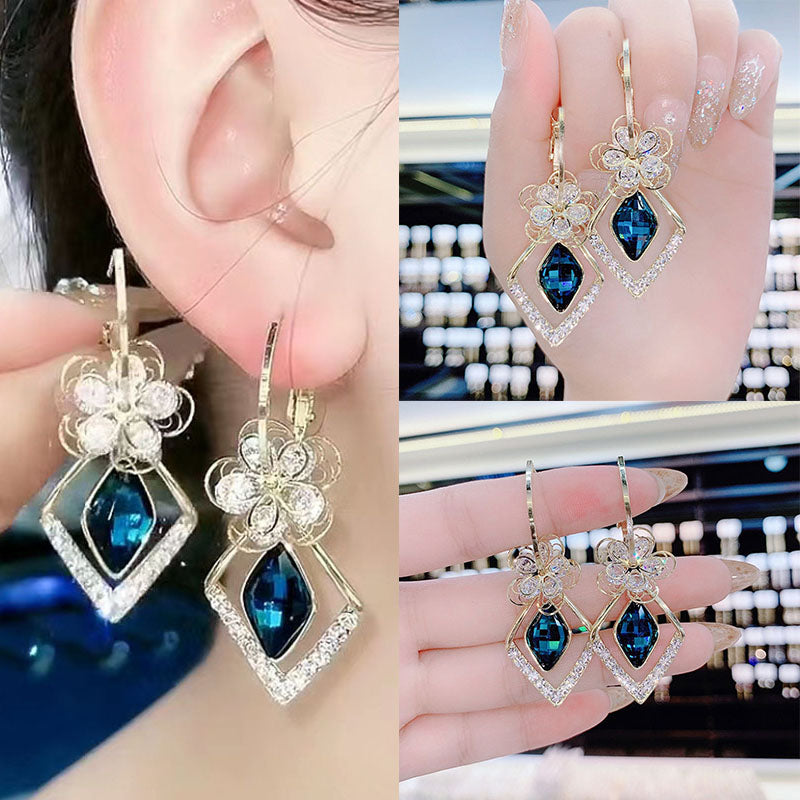 Flower Zircon Rhombic Sapphire Drop Earrings