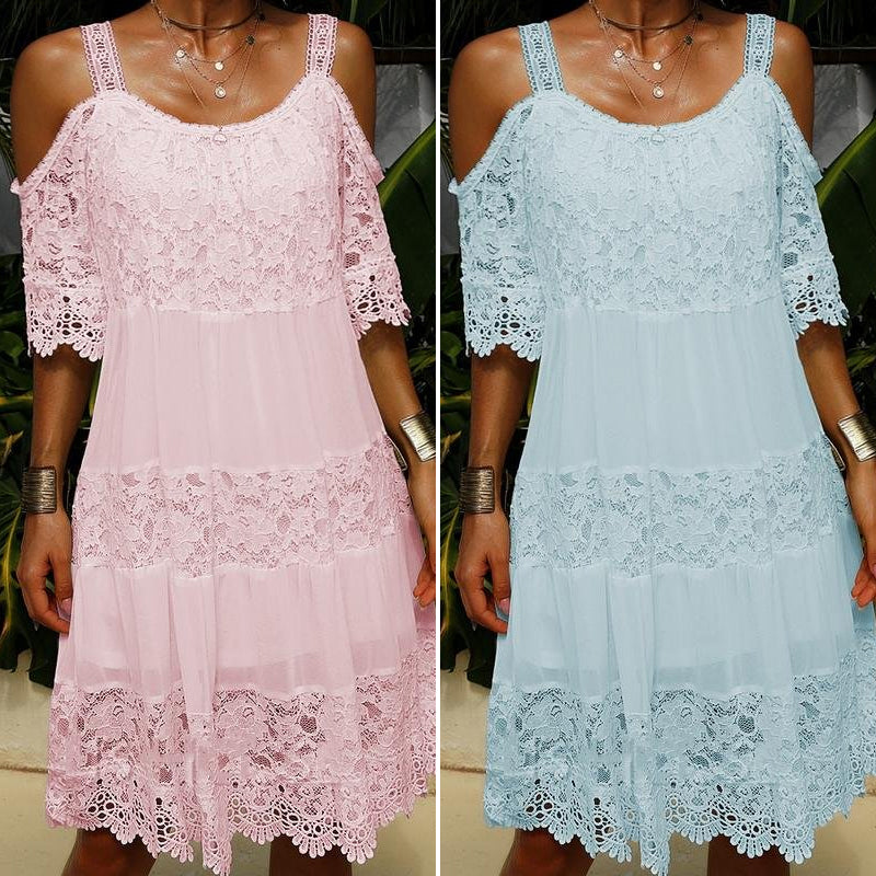 Lace Solid Shift Cold Shoulder Short Sleeves Midi Elegant Dresses