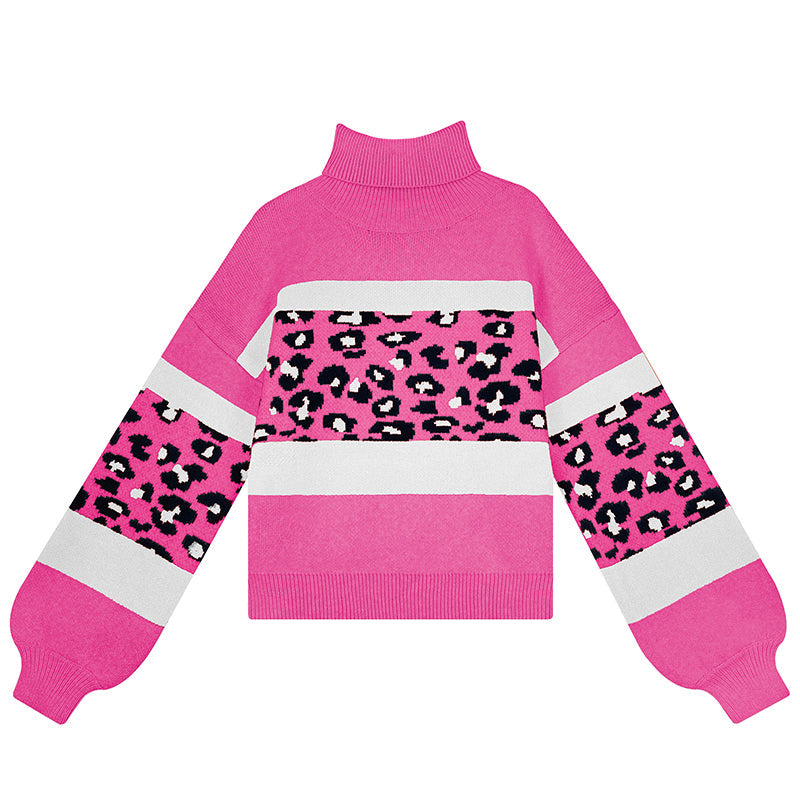 Turtleneck Leopard Print Colorblock Knitted Sweater