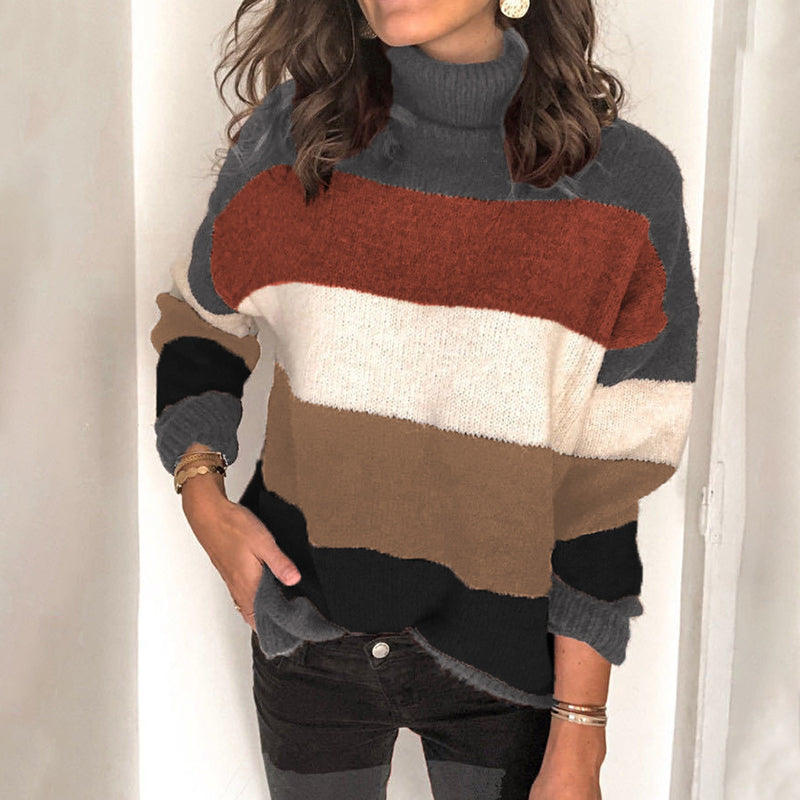 High-neck Paneled Knitted Striped Sweater