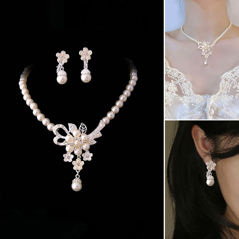 Crystal Diamond Pearl Necklace And Earring Set