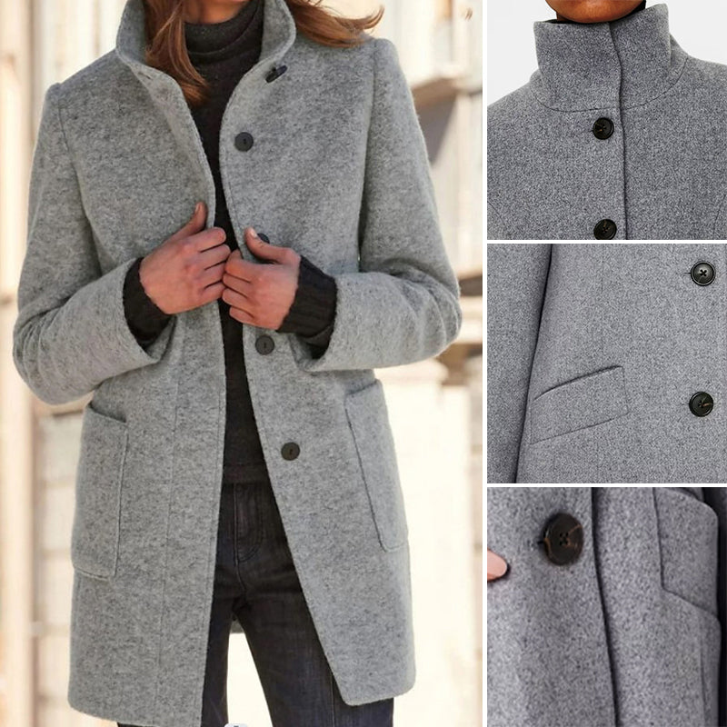 Solid Color Button Stand Collar Woolen Jacket