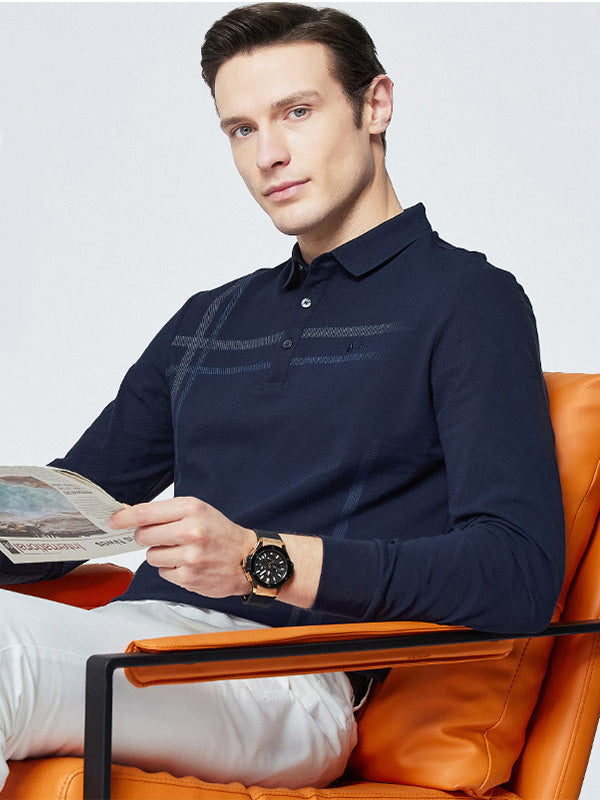 Men's Striped Long-Sleeve Casual Elastic Lapel Polo Shirt