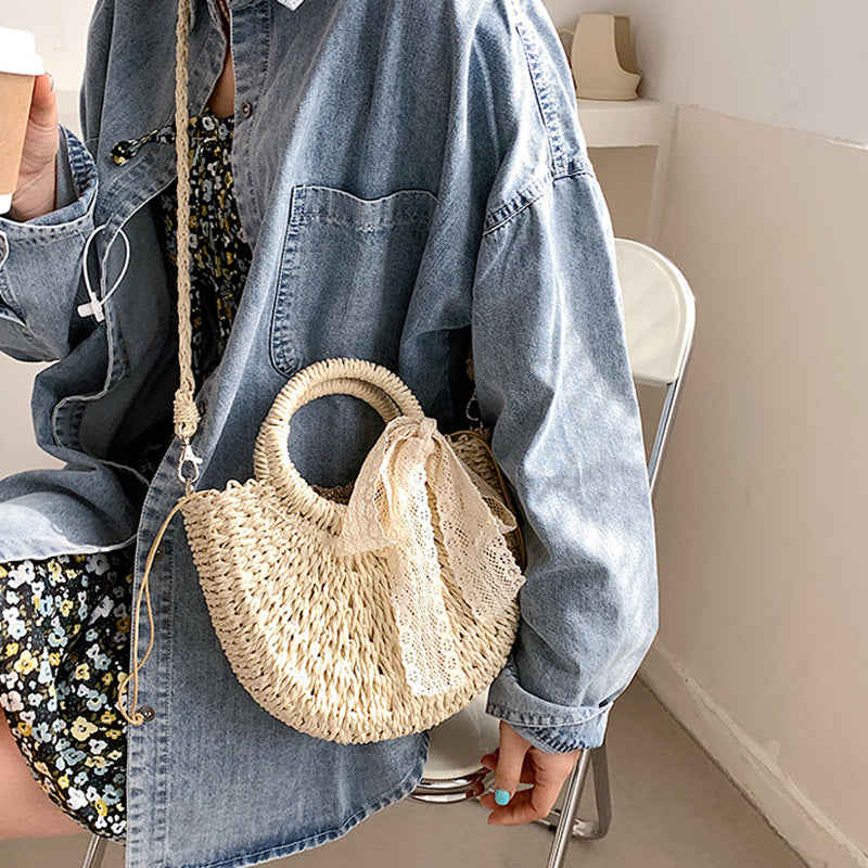 Fashion Ring Handle Straw Bag