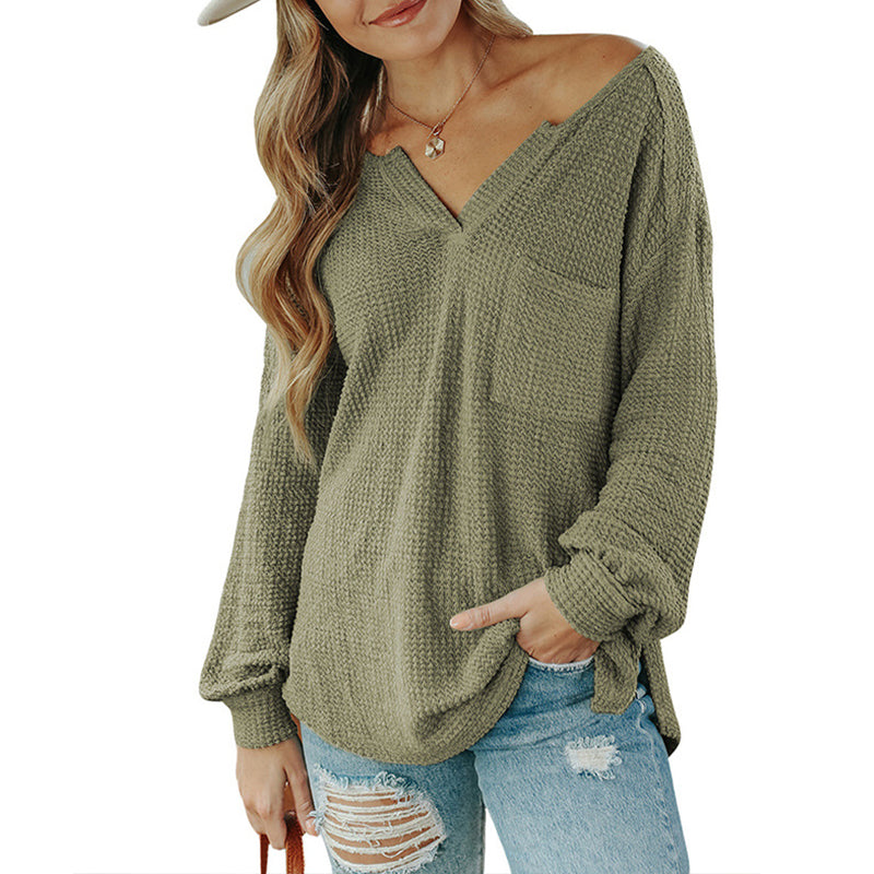 Solid Color V-Neck Pullover Long Sleeve Knit Sweater