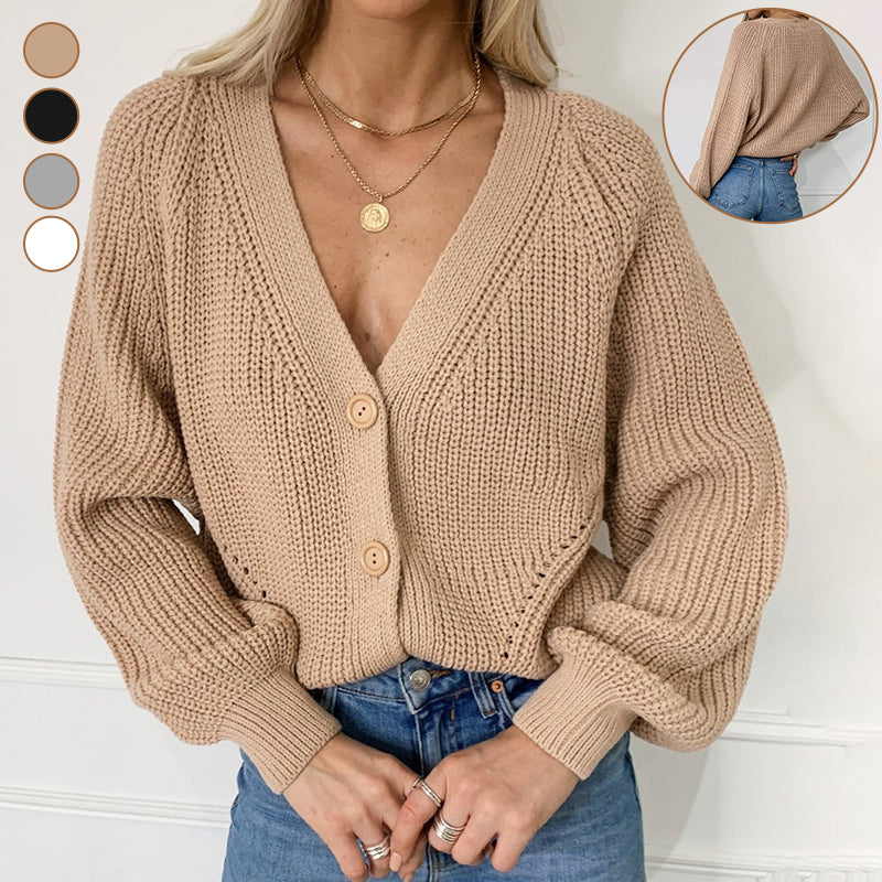 Solid Color V-Neck Balloon Sleeve Button Knit Sweater