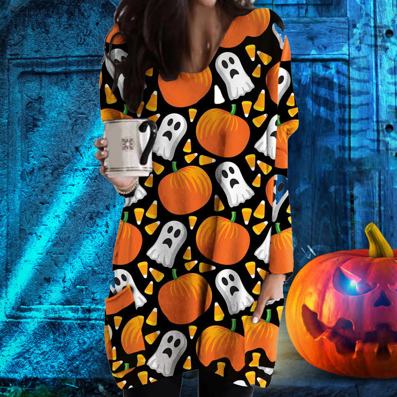 Halloween Cat Pumpkin Long Sleeve Dress