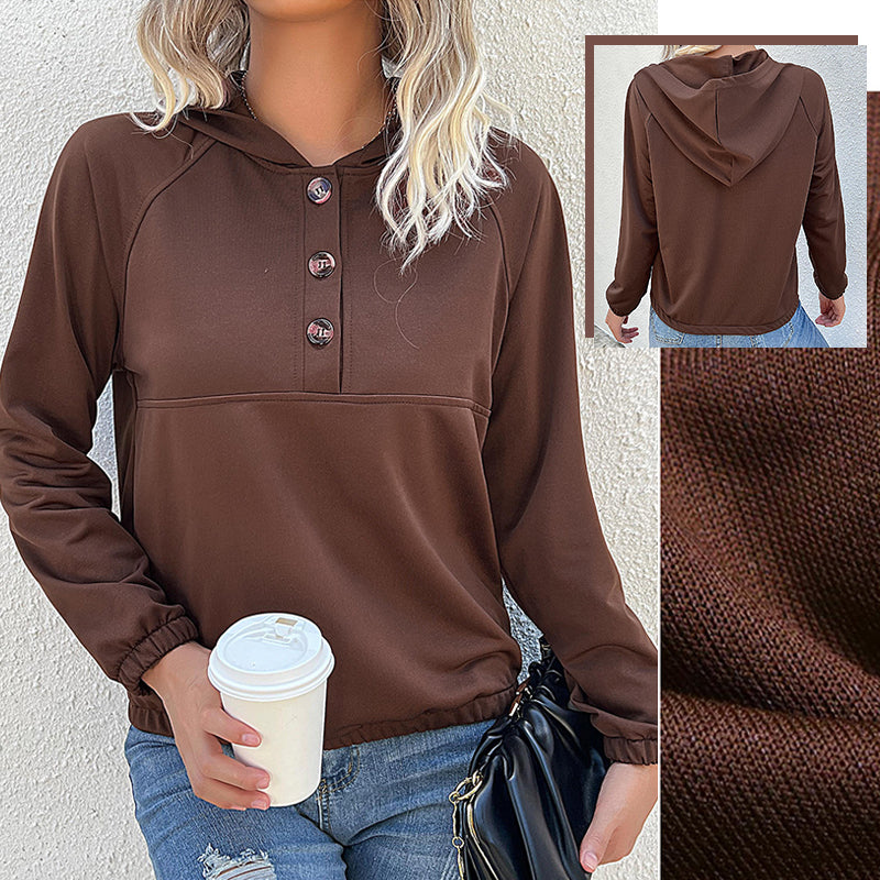 Ladies Casual Hooded Button Pullover Sweatshirt