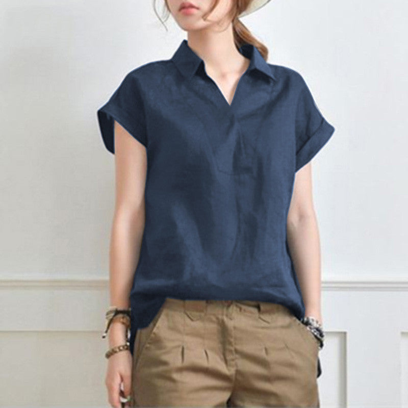 Elegant Loose V-neck Cotton Linen Short Sleeve Shirt
