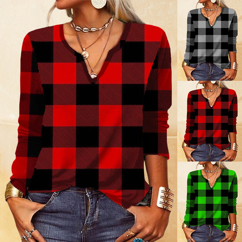 Plaid V-neck T-shirt