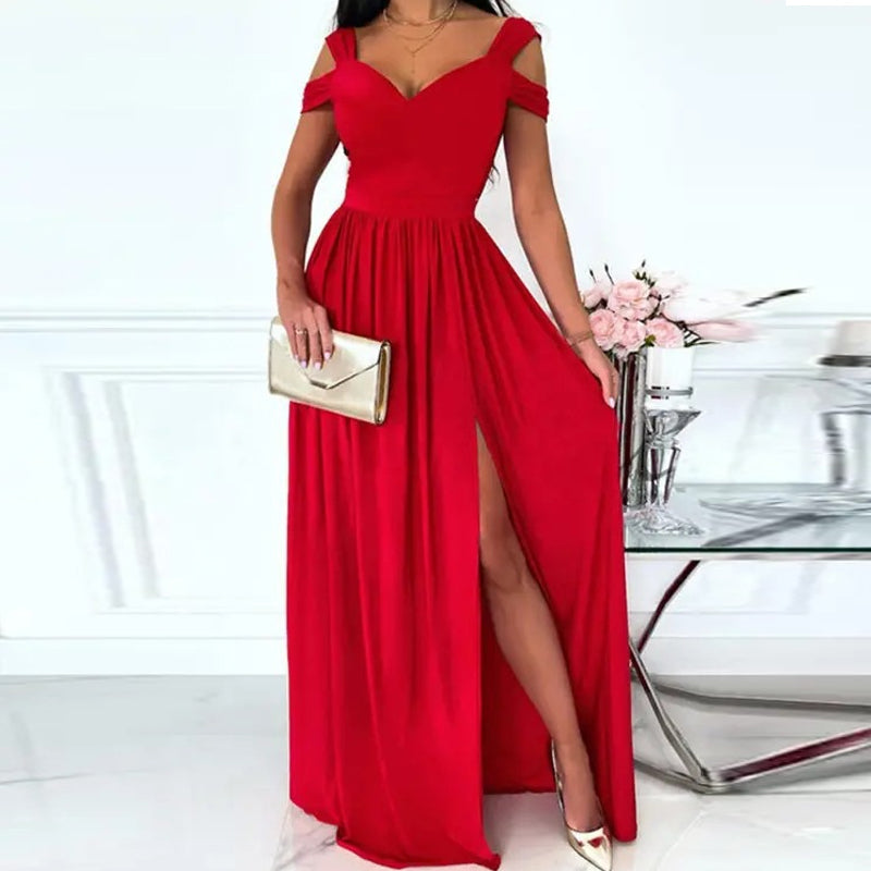 Off-the-shoulder V-neck Slit Dress