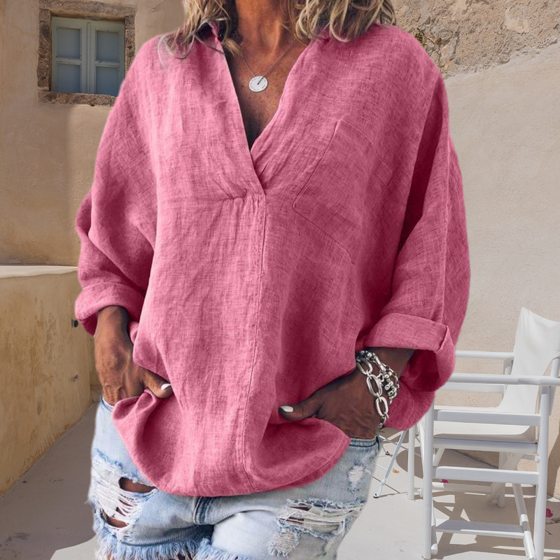 Oversized Loose Long Sleeve V-Neck Linen Shirt
