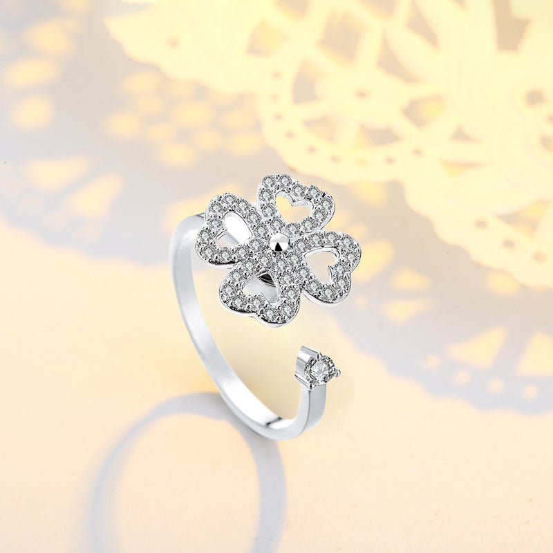 Four Leaf Heart Shape Adjustable Rotating Ring