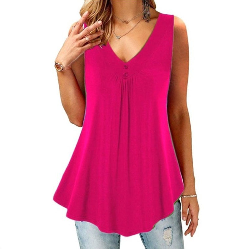 Solid V-Neck Pleated Button T-Shirt