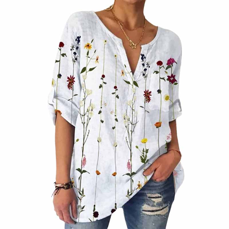 Loose Print V-Neck 3/4 Sleeve Shirt