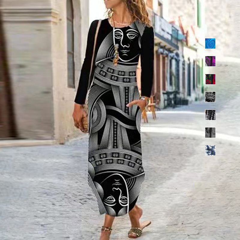 Ethnic Print Long Sleeve Dress