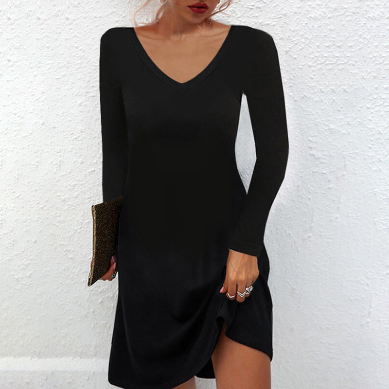 Solid Color Casual Deep V Dress
