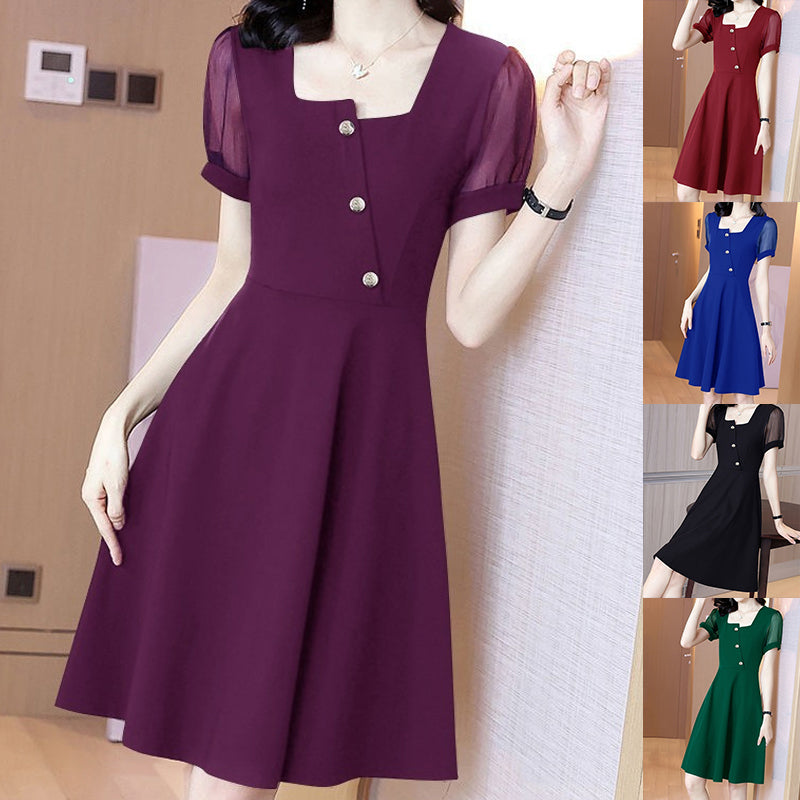 Square Neck Mesh Short Sleeve Dress