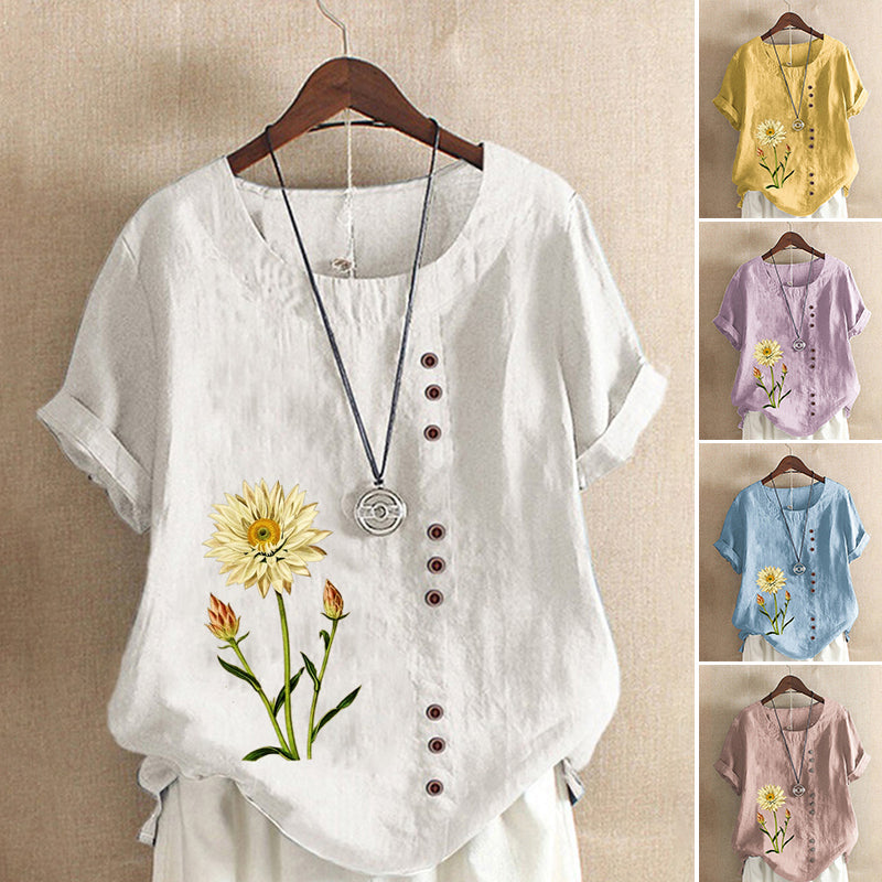 Women's Printed Cotton Linen Loose Casual Shirt