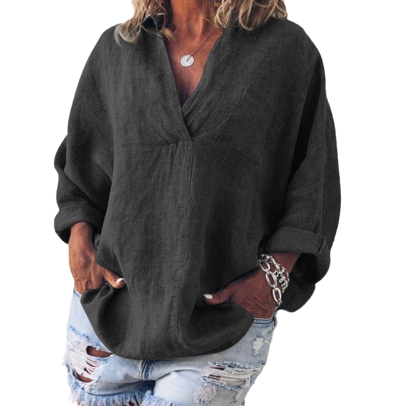 Oversized Loose Long Sleeve V-Neck Linen Shirt