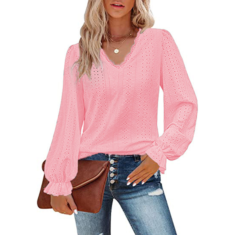 Women's V-Neck Cutout Casual Pleated Sleeve Top Shirt