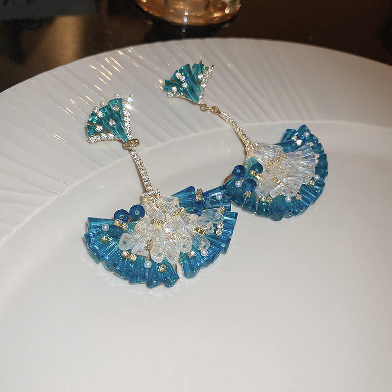Diamond Encrusted Crystal Fan-Shaped Ginkgo Leaf Earrings