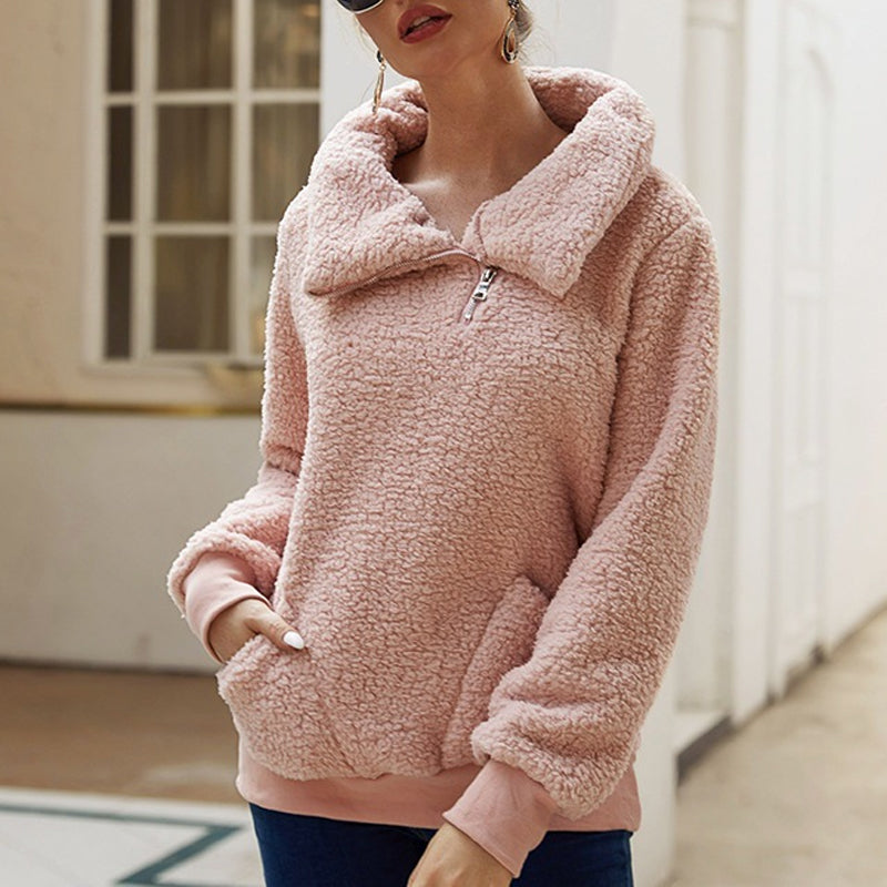 Lamb Fleece Asymmetric Lapel Pullover Solid Color Thickened Sweater