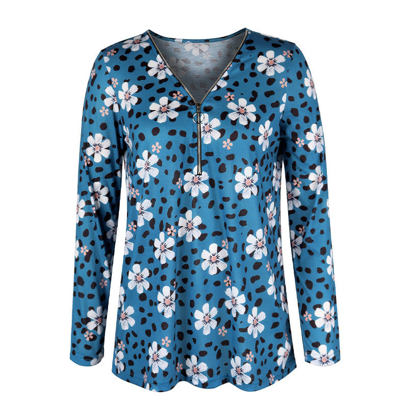 Floral Zipper V-neck Long Sleeves Shirt