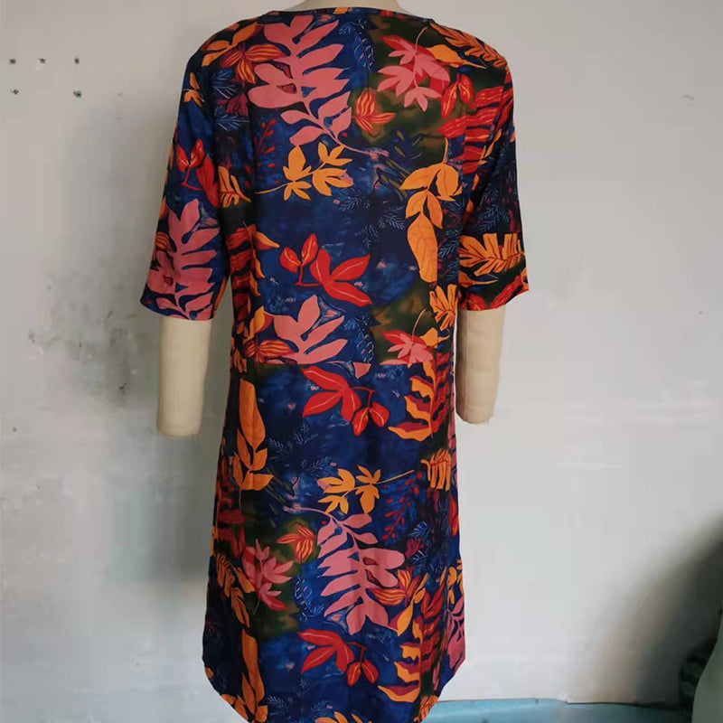 Floral Print Split O-neck Half Sleeve Casual Cotton Dress