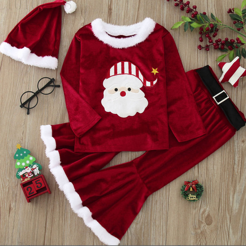 3 piece set of teddy top and flare pants in cute red velvet with Christmas theme